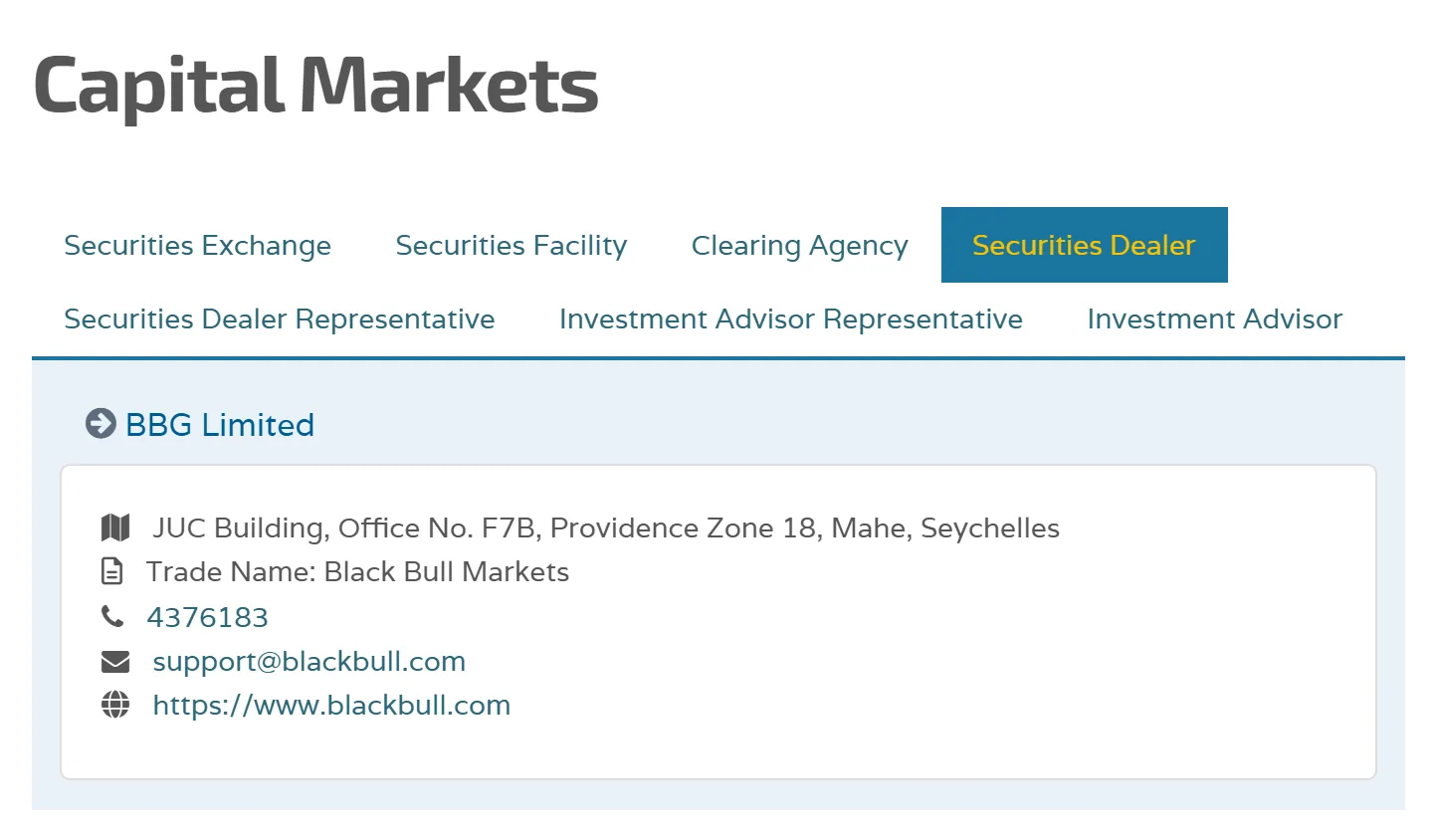 FSA เซเชลส์ลงทะเบียน BBG Limited ในชื่อการค้า Black Bull Markets เป็นผู้รับใบอนุญาต Securities Dealer โดยไม่มีเลขใบอนุญา