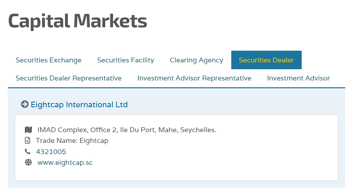 FSA เซเชลส์ลงทะเบียน Eightcap International Ltd ในชื่อการค้า Eightcap เป็นผู้รับใบอนุญาต Securities Dealer โดยไม่มีเลขใบ