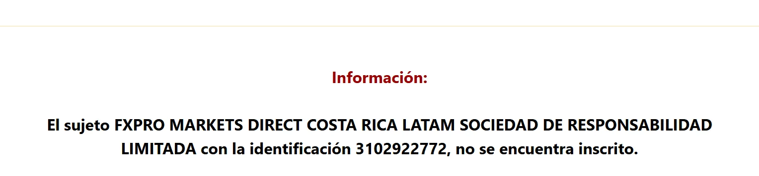 SUGEF คอสตาริกาแจ้งว่า FXPRO MARKETS DIRECT COSTA RICA LATAM SOCIEDAD DE RESPONSABILIDAD LIMITADA ไม่ได้ขึ้นทะเบียนตามกฎ