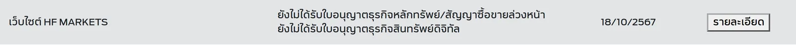เว็บไซต์ HF MARKETS ยังไม่ได้รับใบอนุญาตธุรกิจหลักทรัพย์/สัญญาซื้อขายล่วงหน้า
ยังไม่ได้รับใบอนุญาตธุรกิจสินทรัพย์ดิจิทัล