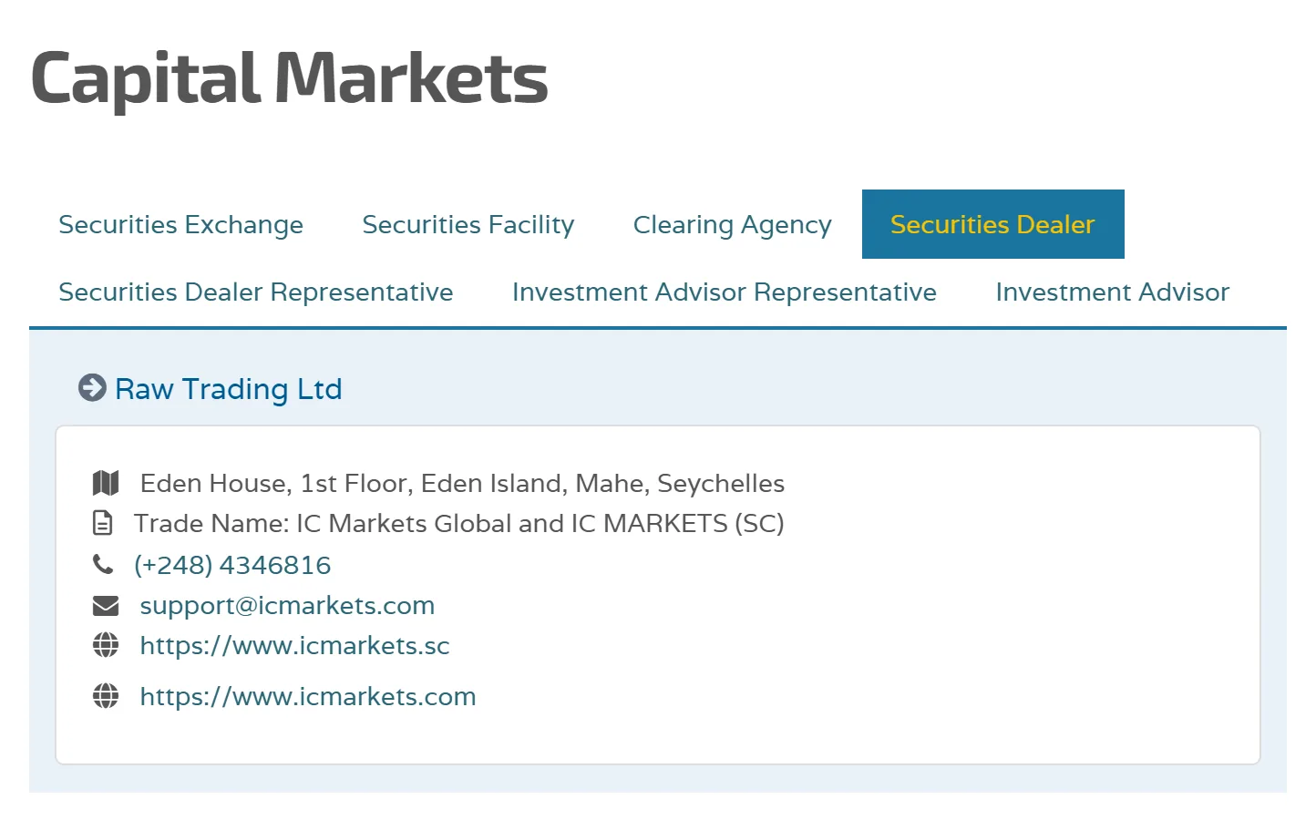 FSA เซเชลส์ลงทะเบียน Raw Trading Ltd เป็น Securities Dealer โดยใช้ชื่อการค้า IC Markets Global และ IC MARKETS (SC) หมายเ