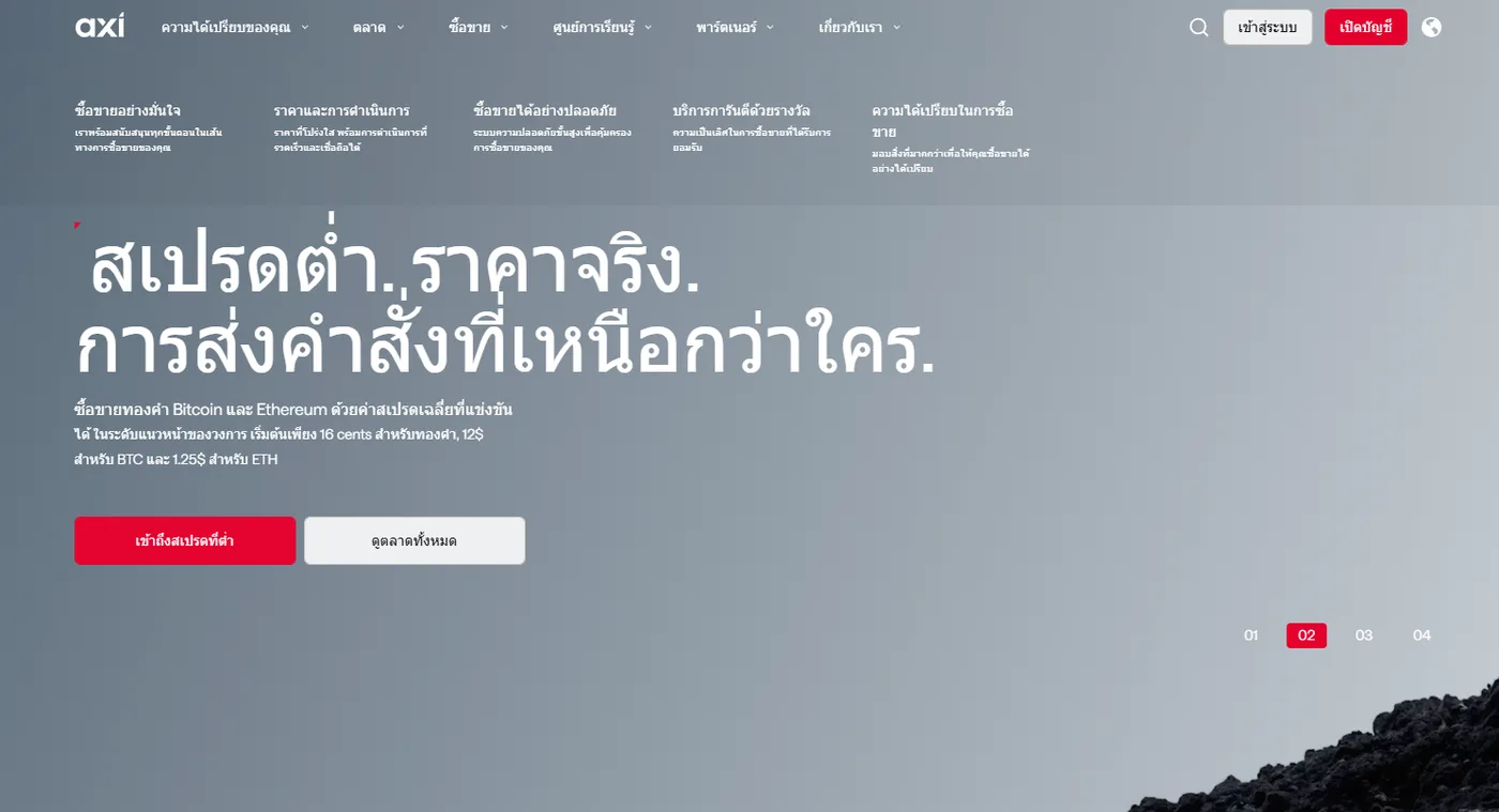 หน้าแรกเว็บไซต์ภาษาไทยของ Axi โฆษณาสเปรดเฉลี่ยของทองคำ Bitcoin และ Ethereum