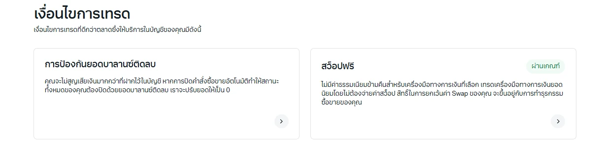 หน้าเงื่อนไขการเทรดในพอร์ทัล Exness แสดงการป้องกันยอดบาลานซ์ติดลบที่ปรับยอดให้เป็น 0 และสถานะสว็อปฟรีของบัญชีที่ผ่านเกณฑ์
