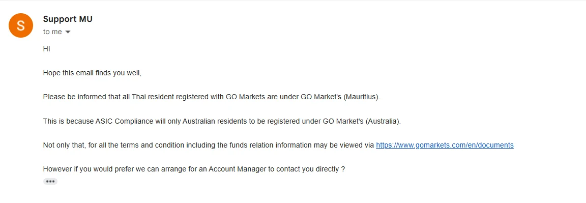 อีเมลจาก Support MU ของ GO Markets วันที่ 17 ตุลาคม 2026 แจ้งว่าผู้พำนักในไทยทุกคนที่ลงทะเบียนกับ GO Markets อยู่ภายใต้ GO Markets (Mauritius)