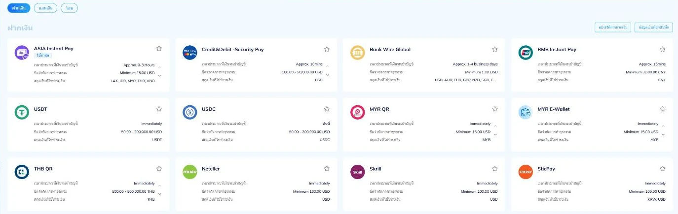 หน้าฝากเงินในพอร์ทัล TMGM วันที่ 19 ตุลาคม 2026 แสดง ASIA Instant Pay, Credit&Debit Security Pay, Bank Wire Global, RMB Instant Pay, USDT, USDC, MYR QR, MYR E-Wallet, THB QR, Neteller, Skrill และ SticPay พร้อมระยะเวลาและวงเงินต่อครั้ง