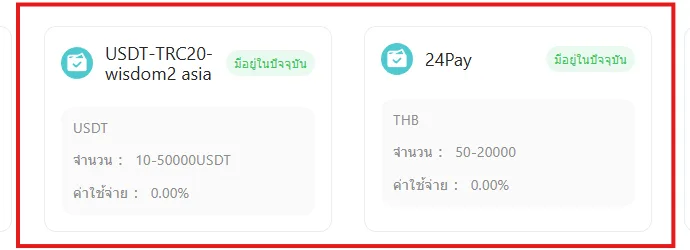 ช่องทางฝากเงินในพอร์ทัล Wisdom Trade มี 24Pay สำหรับเงินบาทและ USDT-TRC20