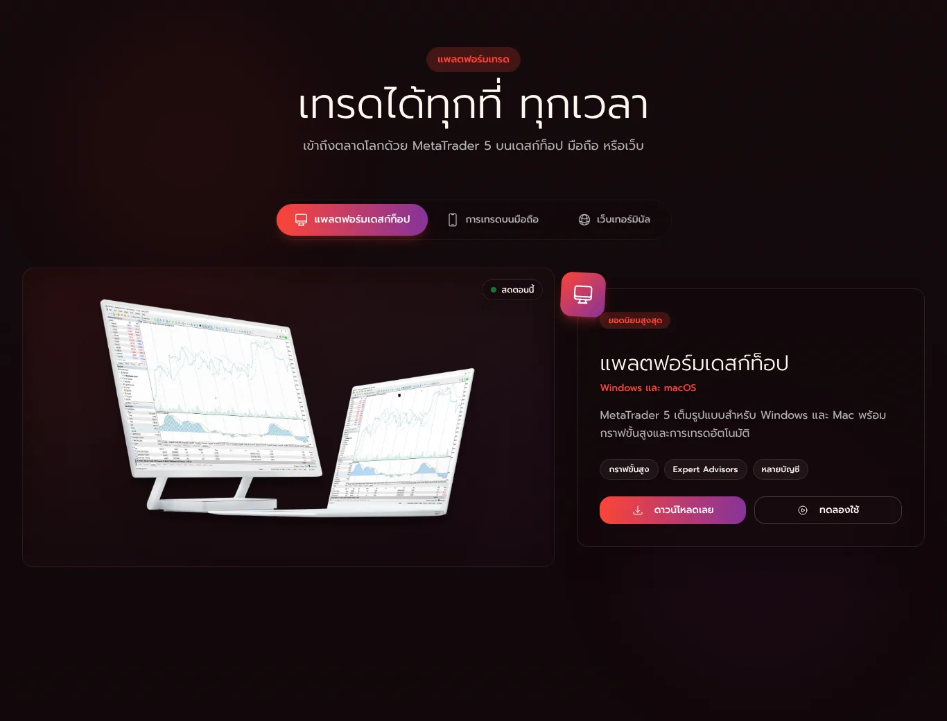 หน้าแพลตฟอร์มบนเว็บไซต์ภาษาไทยของ Wisdom Trade แสดง MetaTrader 5 บนเดสก์ท็อป มือถือ และเว็บเทอร์มินัล