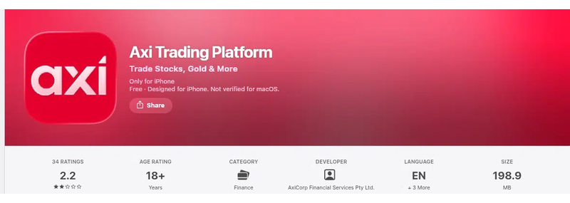 คะแนน App Store (ประเทศไทย) ของ Axi Trading Platform เดือนกันยายน 2026: 2.2 จาก 5 จากการให้คะแนน 34 รายการ