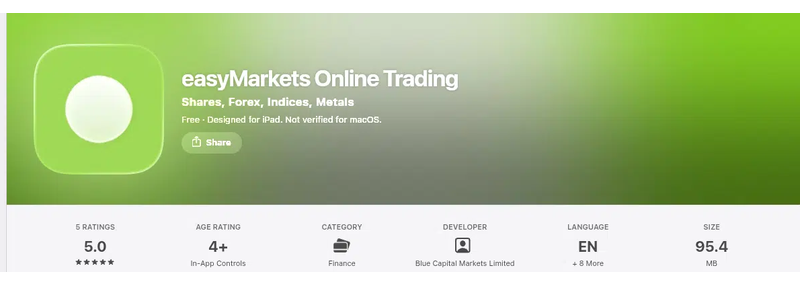 คะแนน App Store (ประเทศไทย) ของ easyMarkets Online Trading เดือนกันยายน 2026: 5.0 จาก 5 จากการให้คะแนน 5 รายการ