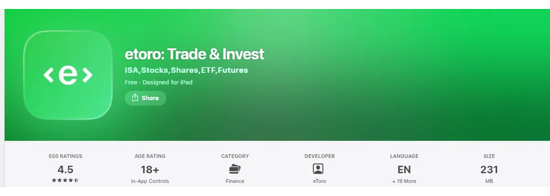 คะแนน App Store (ประเทศไทย) ของ etoro: Trade & Invest เดือนกันยายน 2026: 4.5 จาก 5 จากการให้คะแนน 550 รายการ