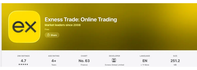 คะแนน App Store (ประเทศไทย) ของ Exness Trade: Online Trading เดือนกันยายน 2026: 4.7 จาก 5 จากการให้คะแนน 29,424 รายการ