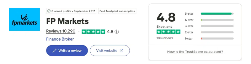 คะแนน Trustpilot ของ FP Markets เดือนกันยายน 2026: 4.8 จาก 5 จากรีวิว 10,290 รายการ