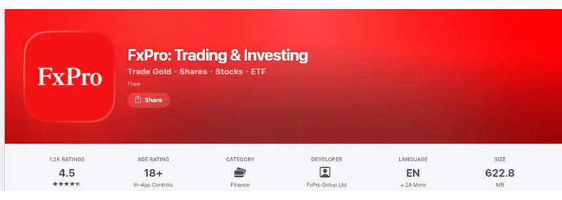 คะแนน App Store (ประเทศไทย) ของ FxPro: Trading & Investing เดือนกันยายน 2026: 4.5 จาก 5 จากการให้คะแนน 1,231 รายการ