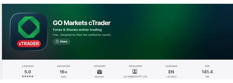 คะแนน App Store (ประเทศไทย) ของ GO Markets cTrader เดือนกันยายน 2026: 5.0 จาก 5 จากการให้คะแนน 2 รายการ