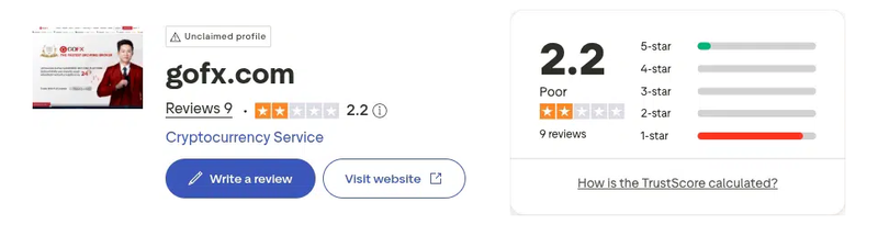 คะแนน Trustpilot ของ GOFX เดือนกันยายน 2026: 2.2 จาก 5 จากรีวิว 9 รายการ