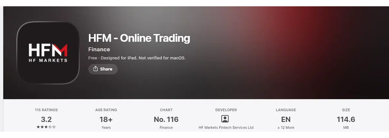 คะแนน App Store (ประเทศไทย) ของ HFM - Online Trading เดือนกันยายน 2026: 3.2 จาก 5 จากการให้คะแนน 115 รายการ