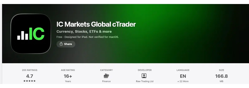 คะแนน App Store (ประเทศไทย) ของ IC Markets Global cTrader เดือนกันยายน 2026: 4.7 จาก 5 จากการให้คะแนน 265 รายการ