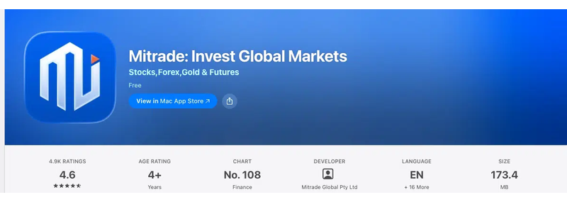 คะแนน App Store (ประเทศไทย) ของ Mitrade: Invest Global Markets เดือนกันยายน 2026: 4.6 จาก 5 จากการให้คะแนน 4,933 รายการ