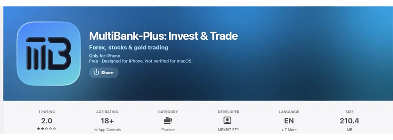 คะแนน App Store (ประเทศไทย) ของ MultiBank-Plus: Invest & Trade เดือนกันยายน 2026: 2.0 จาก 5 จากการให้คะแนน 1 รายการ