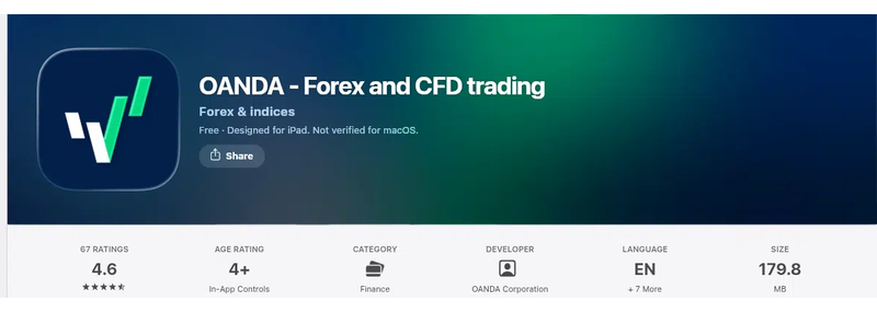 คะแนน App Store (ประเทศไทย) ของ OANDA - Forex and CFD trading เดือนกันยายน 2026: 4.6 จาก 5 จากการให้คะแนน 67 รายการ