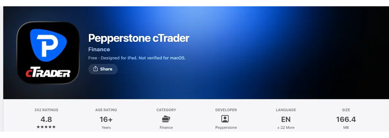 คะแนน App Store (ประเทศไทย) ของ Pepperstone cTrader เดือนกันยายน 2026: 4.8 จาก 5 จากการให้คะแนน 242 รายการ