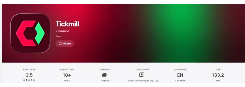 คะแนน App Store (ประเทศไทย) ของ Tickmill เดือนกันยายน 2026: 3.5 จาก 5 จากการให้คะแนน 8 รายการ
