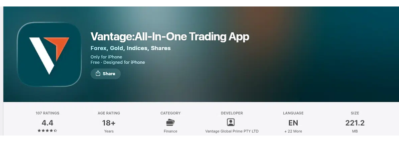 คะแนน App Store (ประเทศไทย) ของ Vantage:All-In-One Trading App เดือนกันยายน 2026: 4.4 จาก 5 จากการให้คะแนน 107 รายการ
