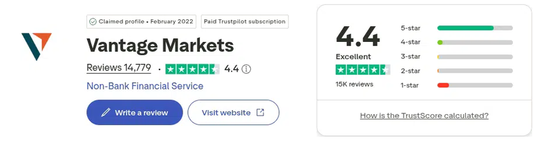 คะแนน Trustpilot ของ Vantage เดือนกันยายน 2026: 4.4 จาก 5 จากรีวิว 14,779 รายการ