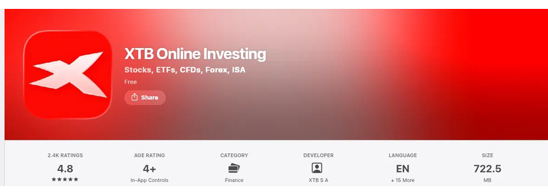 คะแนน App Store (ประเทศไทย) ของ XTB Online Investing เดือนกันยายน 2026: 4.8 จาก 5 จากการให้คะแนน 2,358 รายการ