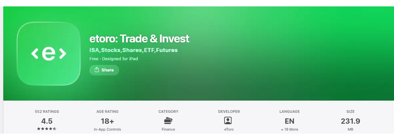 คะแนน App Store (ประเทศไทย) ของ etoro: Trade & Invest เดือนตุลาคม 2026: 4.5 จาก 5 จากการให้คะแนน 552 รายการ