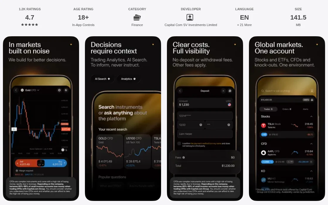 คะแนน App Store (ประเทศไทย) ของ Capital·com: Trading & Finance เดือนตุลาคม 2026: 4.7 จาก 5 จากการให้คะแนน 1,223 รายการ
