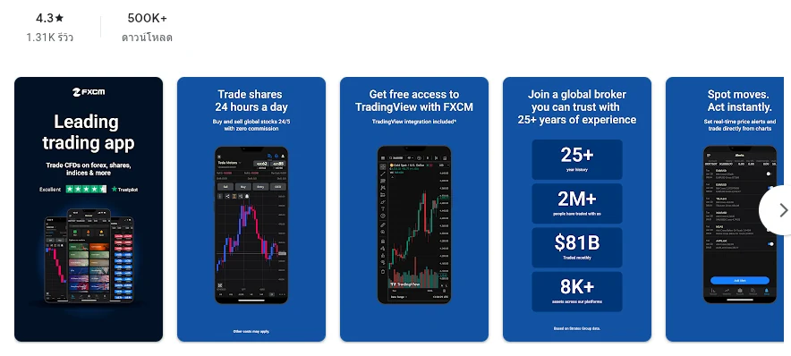 คะแนน Google Play (ประเทศไทย) ของ FXCM: Forex & Stock Trading เดือนตุลาคม 2026: 4.3 จาก 5 จากรีวิว 1,308 รายการ