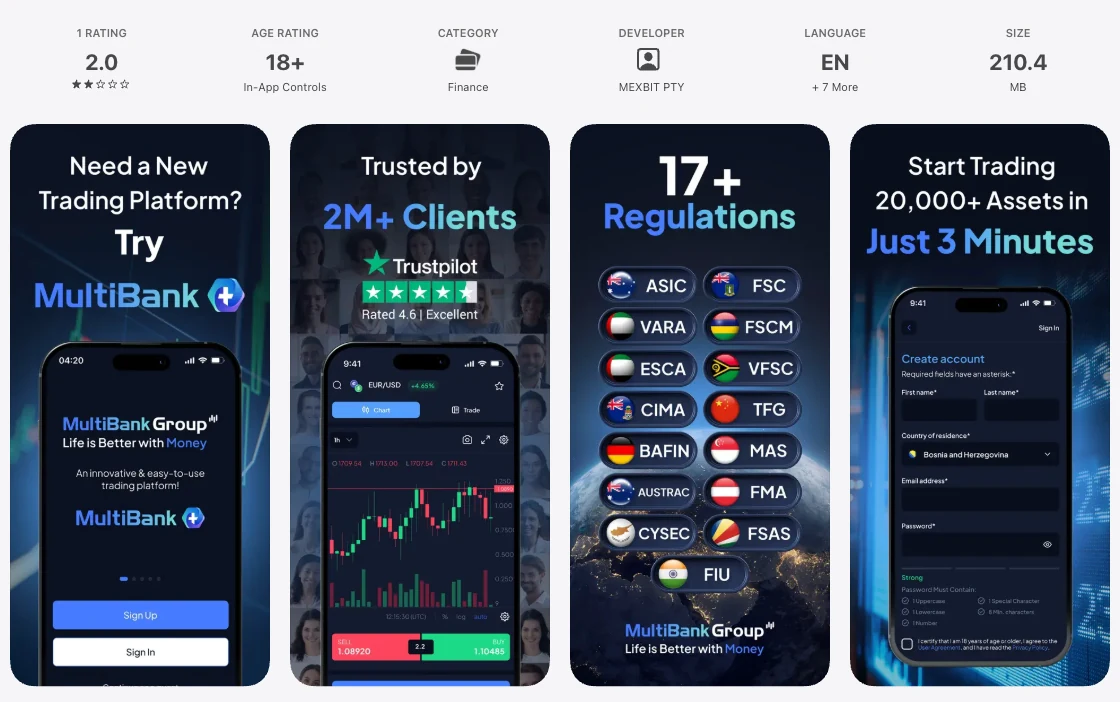 คะแนน App Store (ประเทศไทย) ของ MultiBank-Plus: Invest & Trade เดือนตุลาคม 2026: 2.0 จาก 5 จากการให้คะแนน 1 รายการ