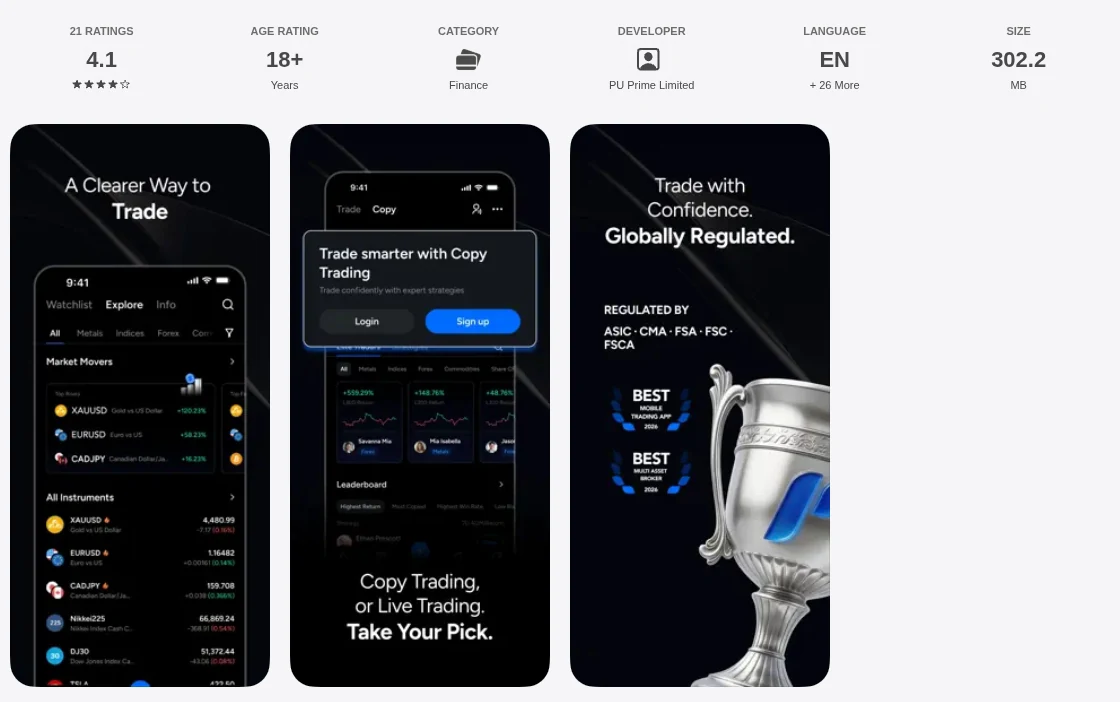 คะแนน App Store (ประเทศไทย) ของ PU Prime: Gold & Forex Trading เดือนตุลาคม 2026: 4.1 จาก 5 จากการให้คะแนน 21 รายการ
