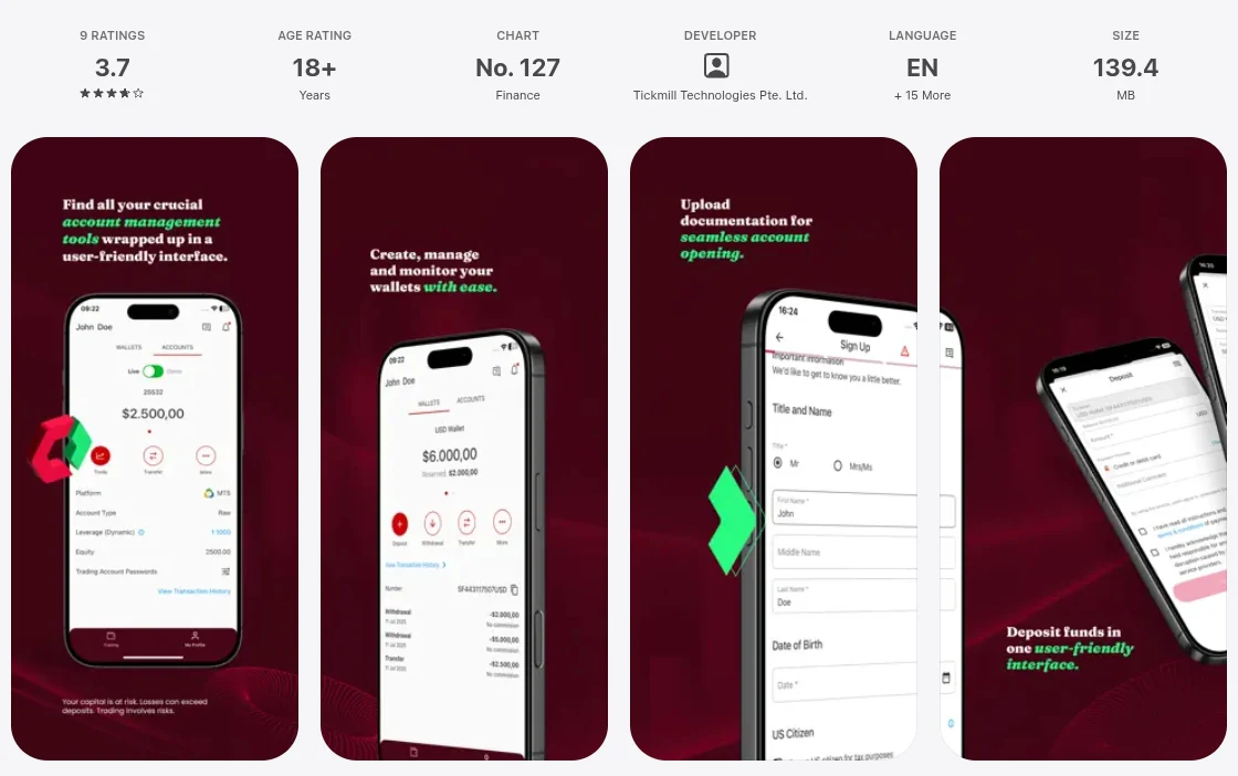 คะแนน App Store (ประเทศไทย) ของ Tickmill เดือนตุลาคม 2026: 3.7 จาก 5 จากการให้คะแนน 9 รายการ