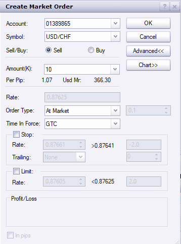 Placing market orders on the desktop trading station of FXCM