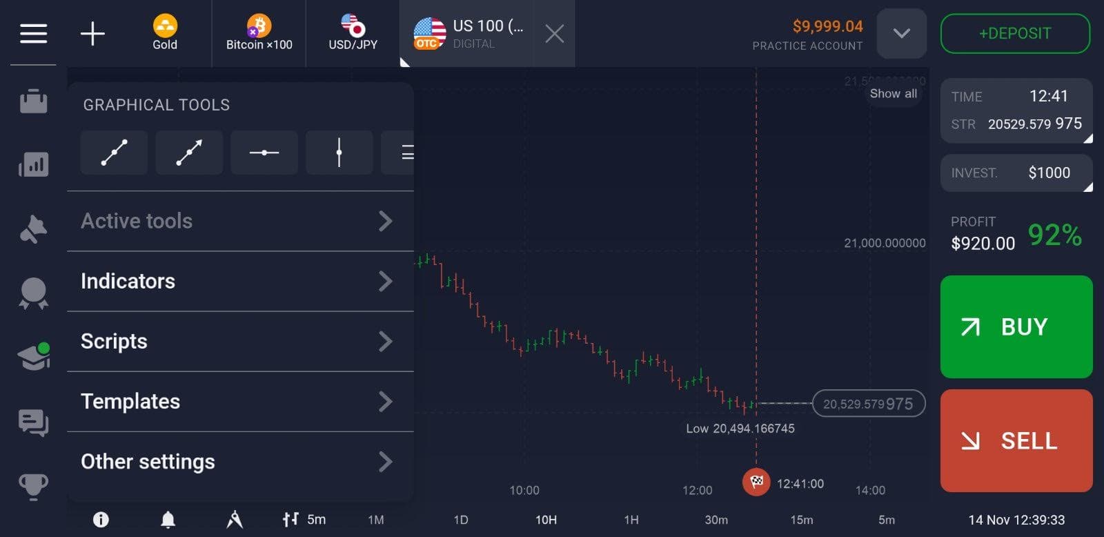 เครื่องมือกราฟิกในแอปการเทรดบนมือถือของ IQ Option