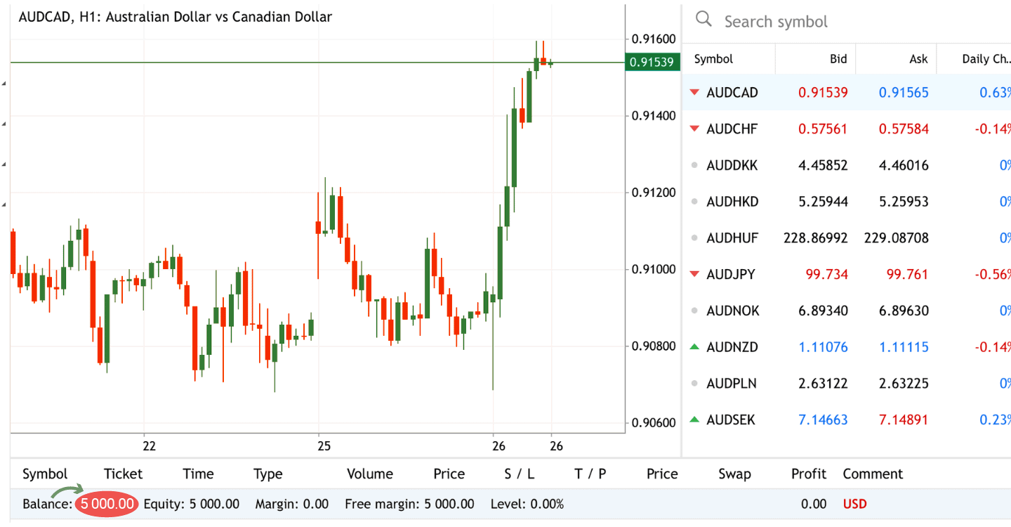อินเตอร์เฟซ MetaTrader ที่เน้นส่วนแสดงยอดเงินในบัญชี