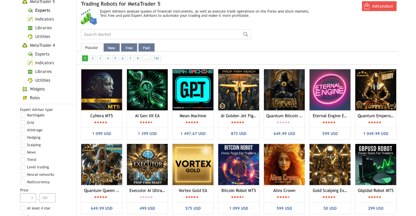 The MetaTrader Market Place page for Expert Advisors.