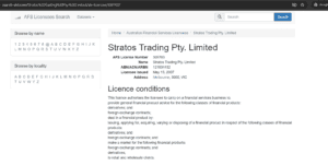 ทะเบียน ASIC แสดง Stratos Trading Pty Limited AFSL 309763