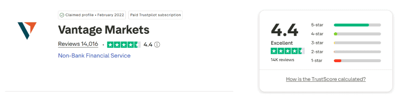คะแนน Trustpilot ของ Vantage เดือนสิงหาคม 2026: 4.4 จาก 5 จากรีวิว 14,016 รายการ