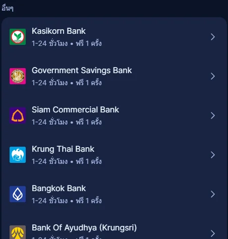 หน้าช่องทางถอนเงินของ IQ Option แสดงธนาคารไทยหลายแห่งและคริปโต ใช้เวลา 1 ถึง 24 ชั่วโมง ฟรี 1 ครั้ง