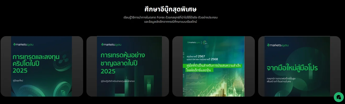 หน้าอีบุ๊กภาษาไทยของ Markets4you มีให้อ่าน 4 เล่ม ครอบคลุมคริปโต หุ้น มุมมองตลาด และคู่มือมือใหม่สู่มืออาชีพ